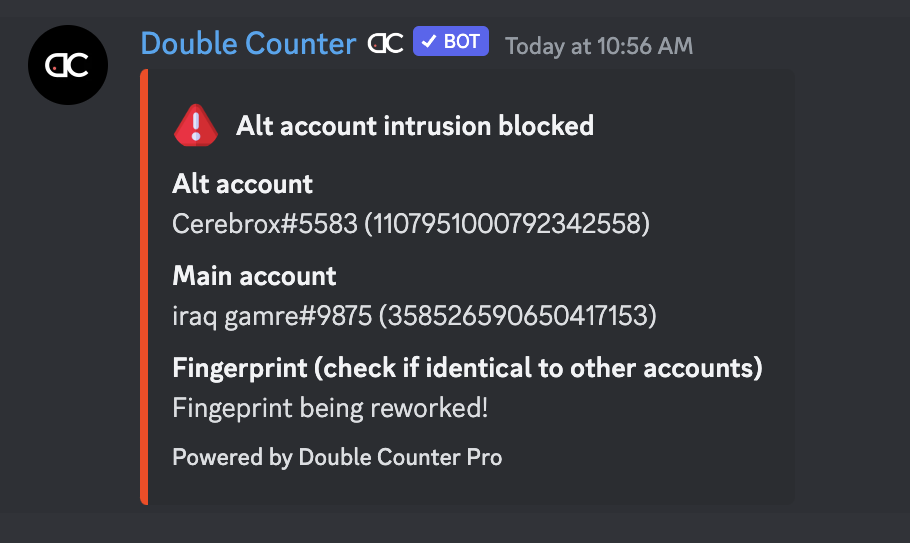 This is an example log from Double Counter when the bot detects an alt account on your server
