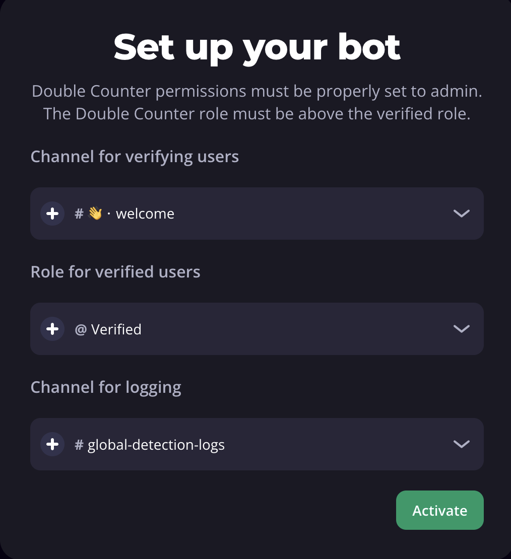 The Double Counter setup wizard, that allows to custom the verification bot according to you specific needs
